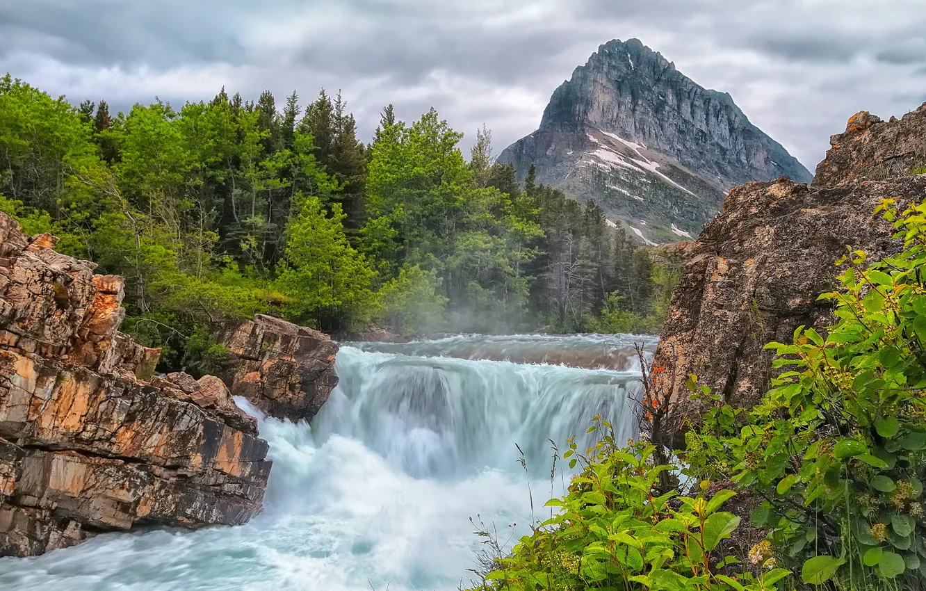 Photo wallpaper trees, mountains, river, rocks, waterfall, stream