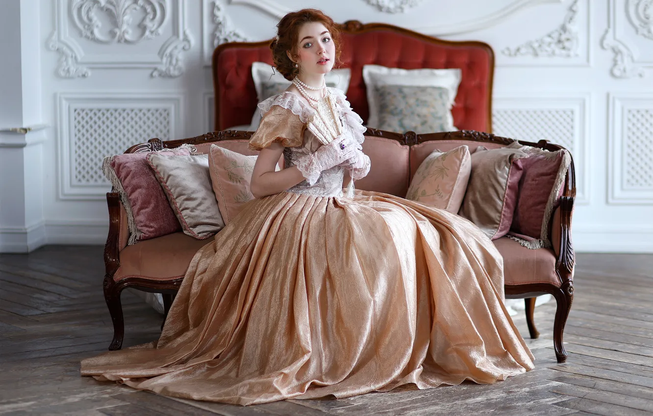 Photo wallpaper style, look, sofa, Princess, pillow, girl, Albina Khusainova, dress
