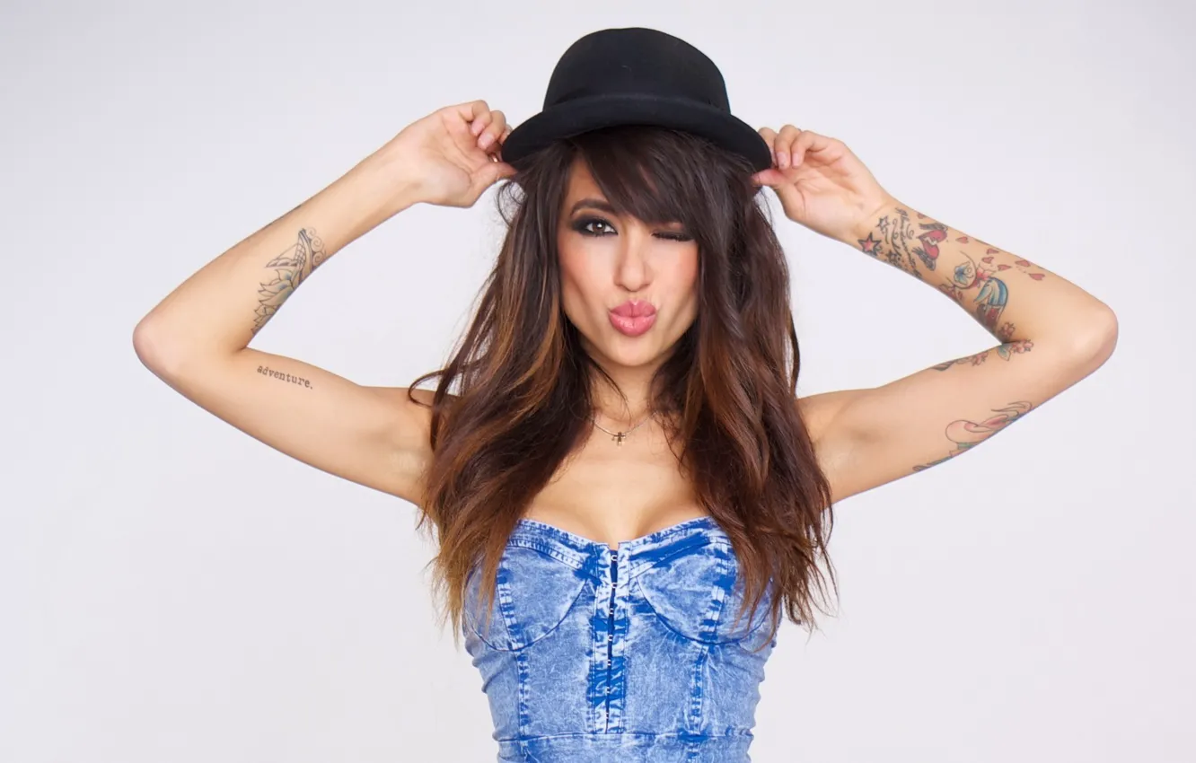 Photo wallpaper women, 1920x1080, models, tattoos, Alie Laius, hats