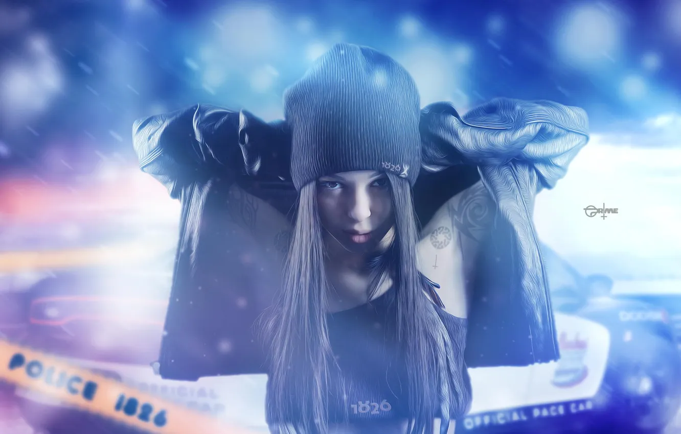 Photo wallpaper look, sexy, hat, police, photographer, sexy, face, flashers