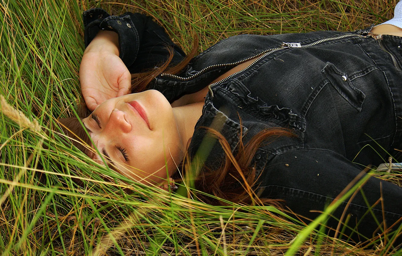 Photo wallpaper grass, girl, green, brown hair, lawn
