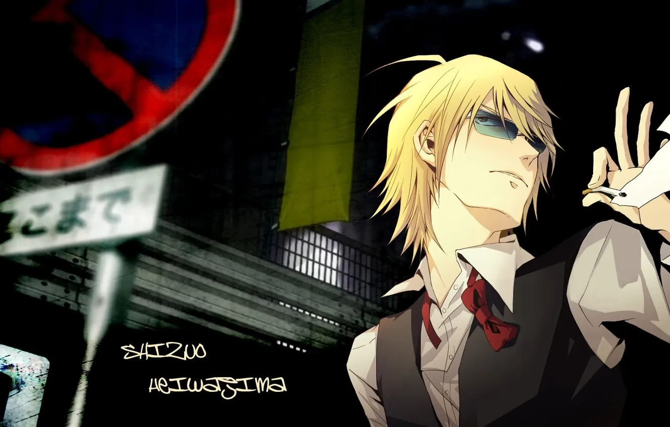 Photo wallpaper night, glasses, cigarette, road sign, Durarara, Shizuo Heiwajima