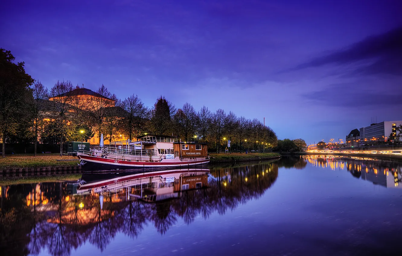 Photo wallpaper autumn, the sky, the city, lights, river, the evening, Germany, Saar