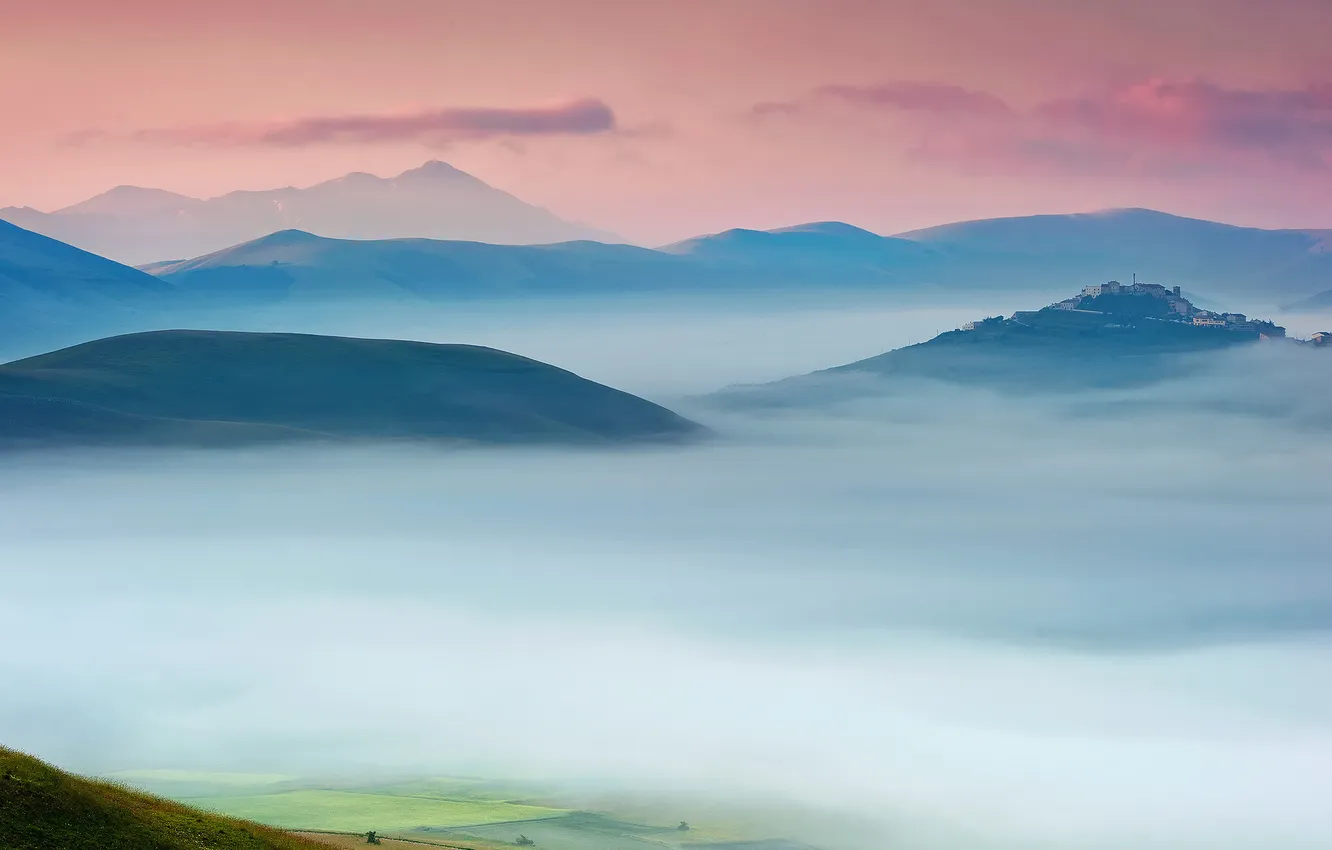 Photo wallpaper sunset, mountains, fog, dense
