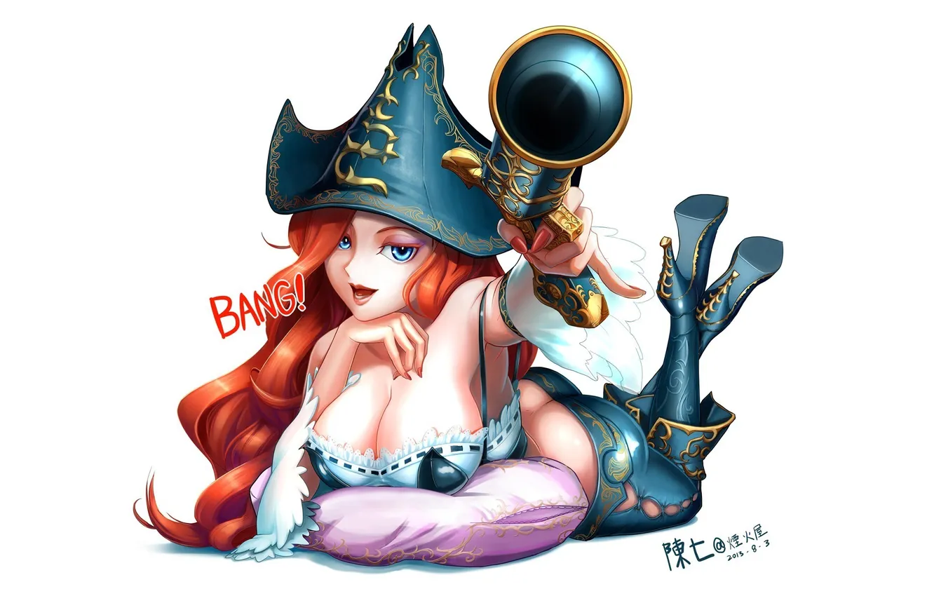 Photo wallpaper chest, girl, weapons, hat, pillow, white background, revolver, League of Legends