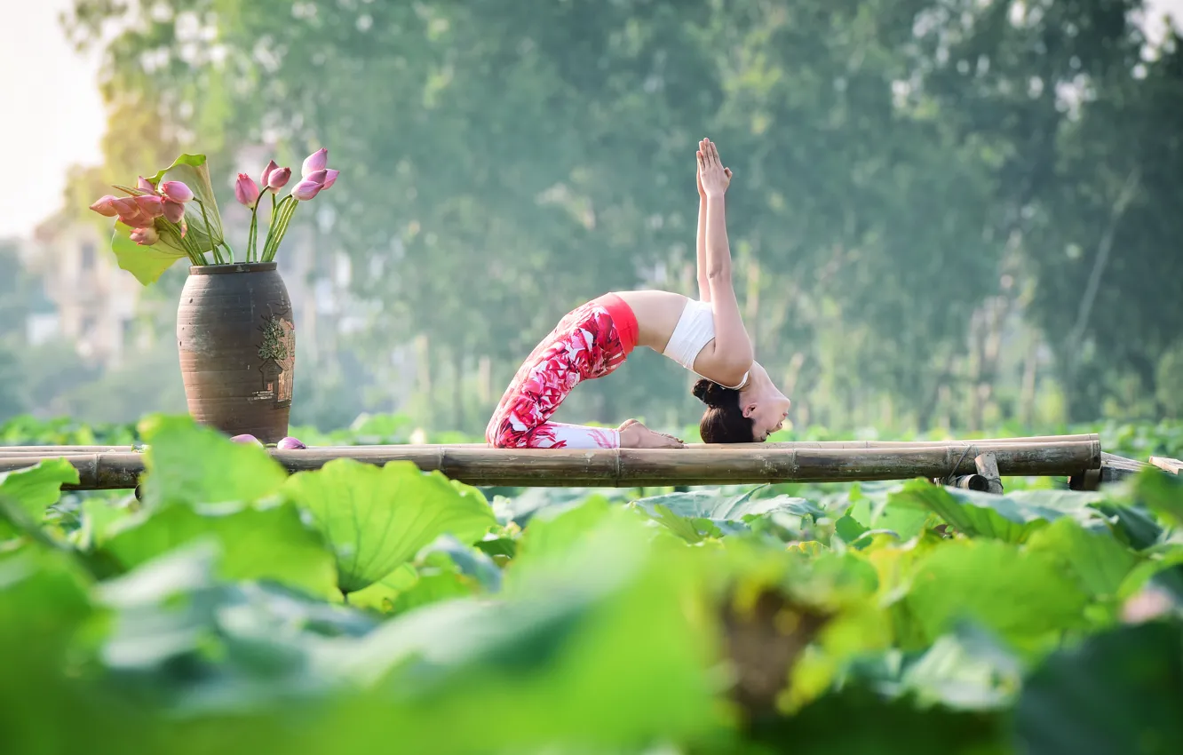 Photo wallpaper girl, nature, pose, gymnastics, yoga, Asian