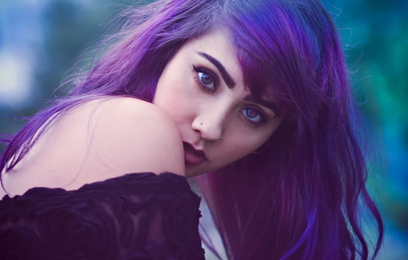 Photo wallpaper purple, look, girl, hair, portrait