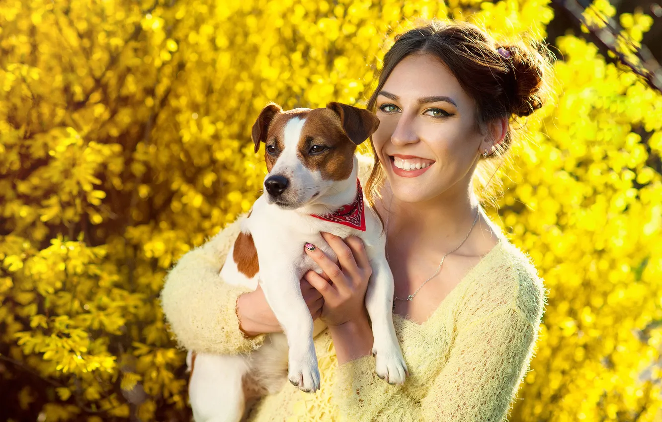 Photo wallpaper girl, flowers, smile, dog, spring, flowering, pet