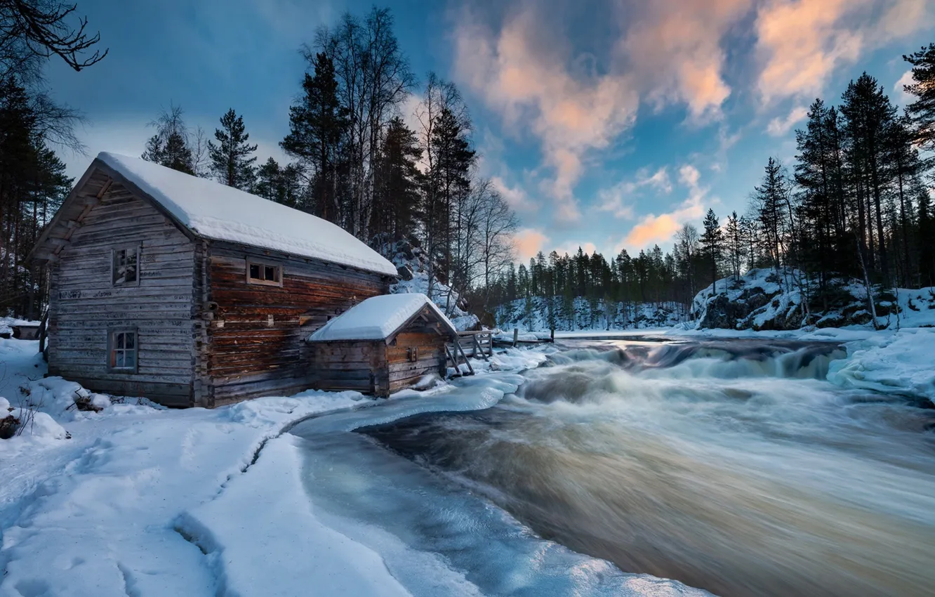 Photo wallpaper winter, clouds, snow, trees, house, river, house, river