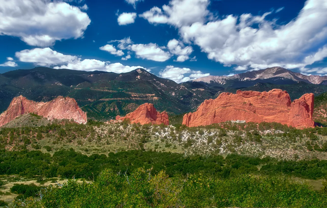 Photo wallpaper clouds, mountains, blue, stones, rocks, vegetation, tops, view