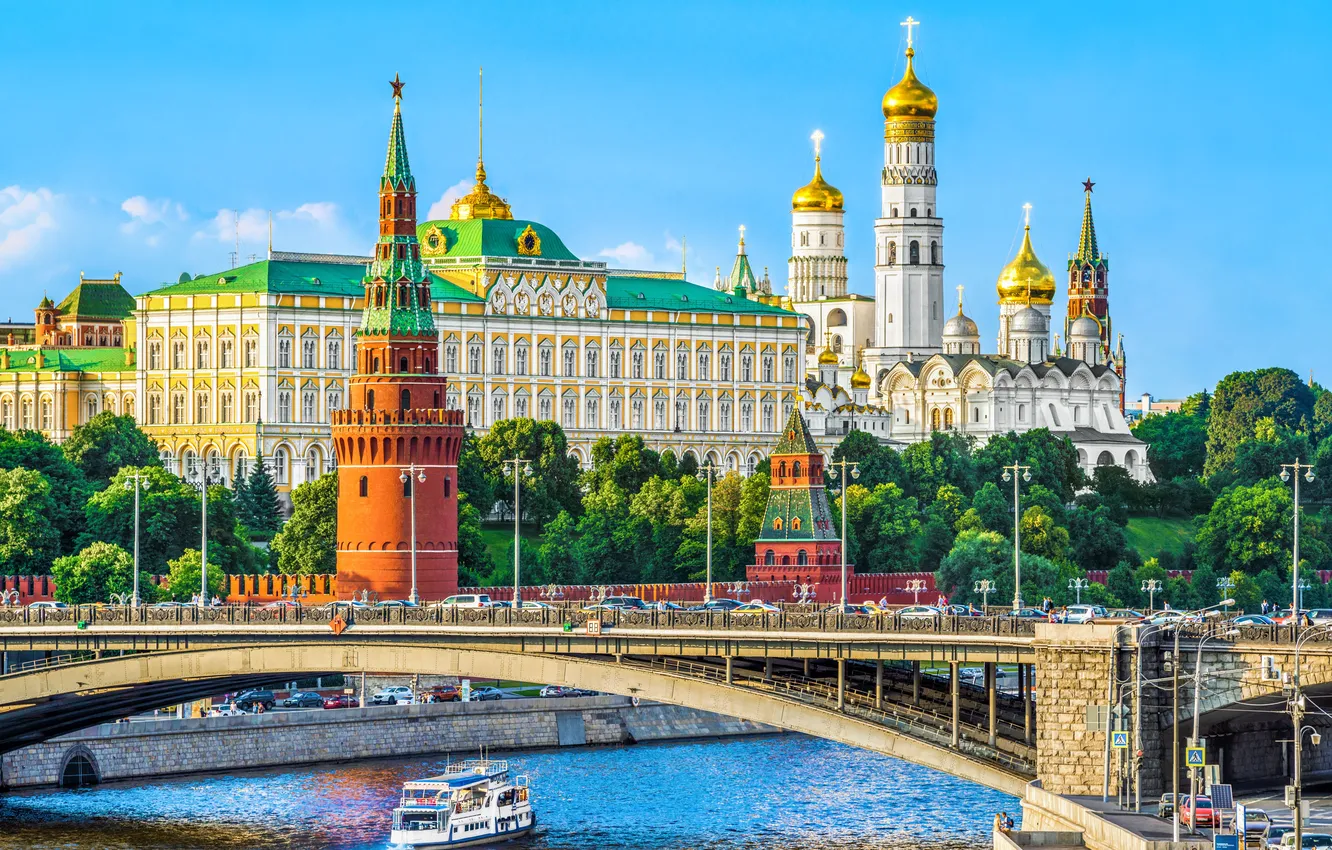 Photo wallpaper red, summer, bridge, architecture, boat, moskva, day, kremlin