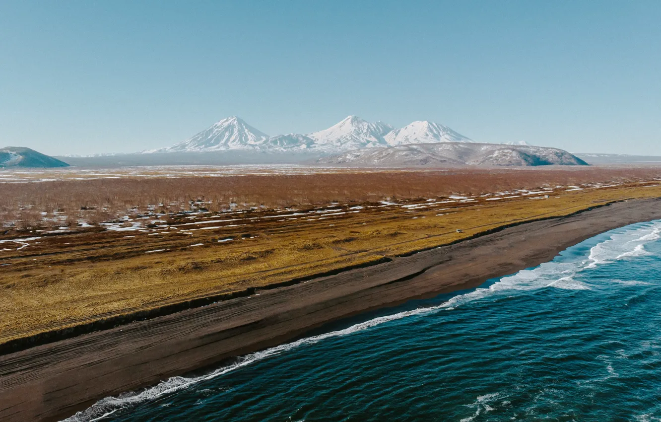 Photo wallpaper beach, sky, field, sea, ocean, landscape, water, mountain