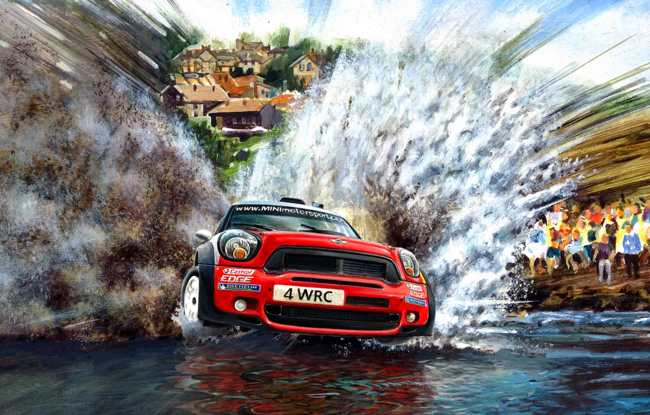 Photo wallpaper water, squirt, red, figure, Mini, Mini Cooper, WRC, Rally
