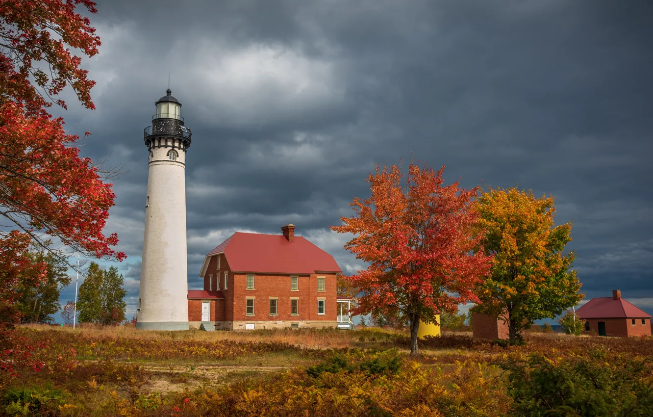 Photo wallpaper autumn, trees, lighthouse, home, Michigan, Michigan, Au Sable Light Station, Grand Marais