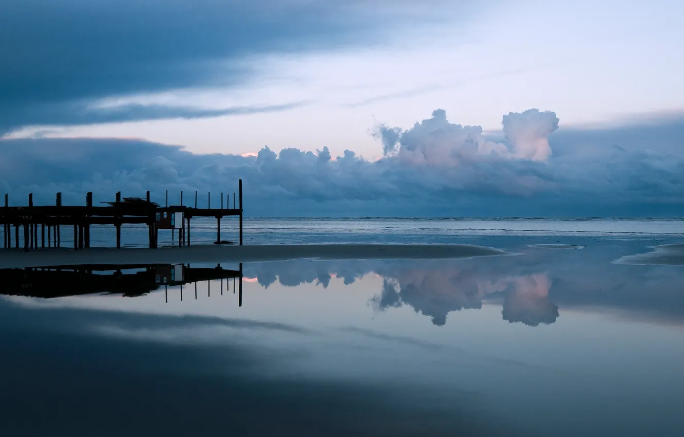 Photo wallpaper beach, the sky, water, clouds, bridge, the ocean, horizon