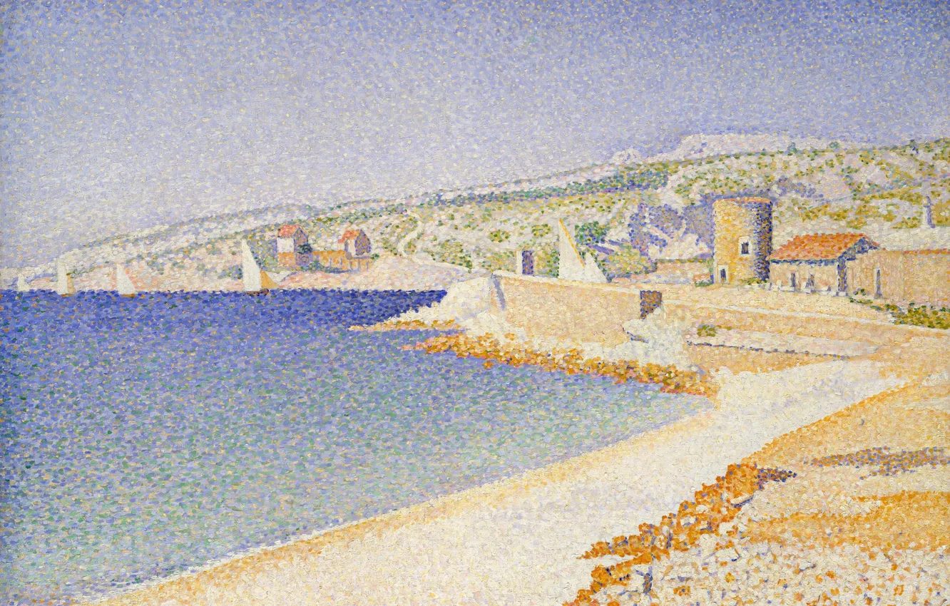 Photo wallpaper landscape, picture, Paul Signac, pointillism, Cassis. Pier