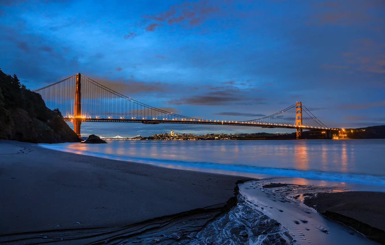 Photo wallpaper landscape, bridge, lights, Strait, shore, the evening, Golden gate, Golden Gate Bridge