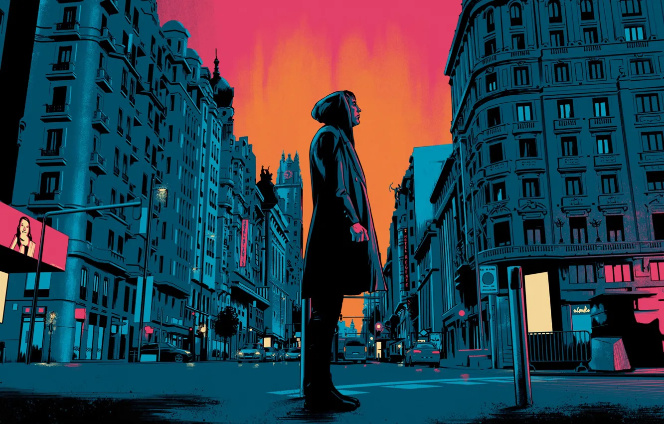 Photo wallpaper sunset, the city, style, the film, street, people, Spain, poster