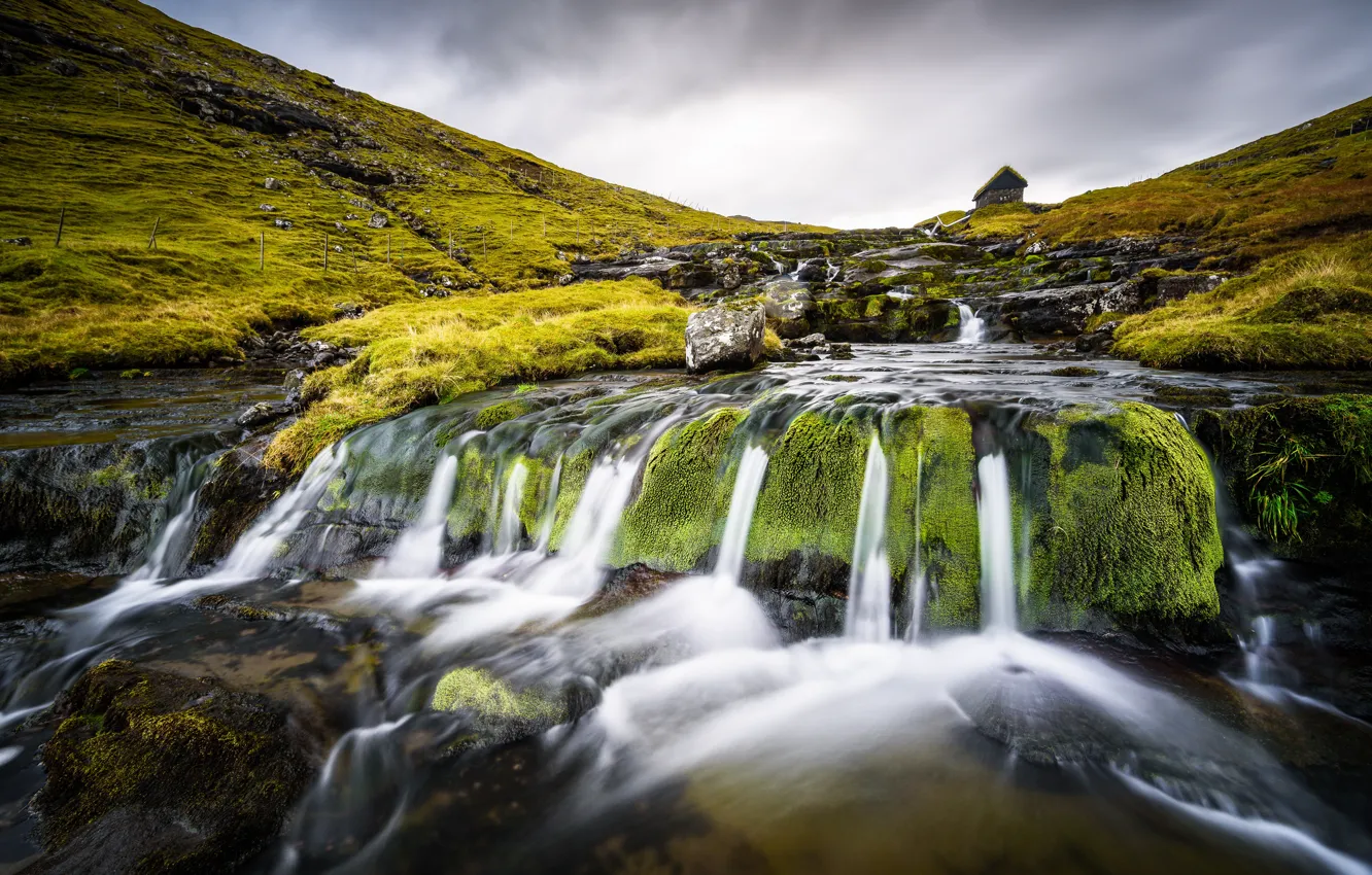 Photo wallpaper stones, rocks, waterfall, house