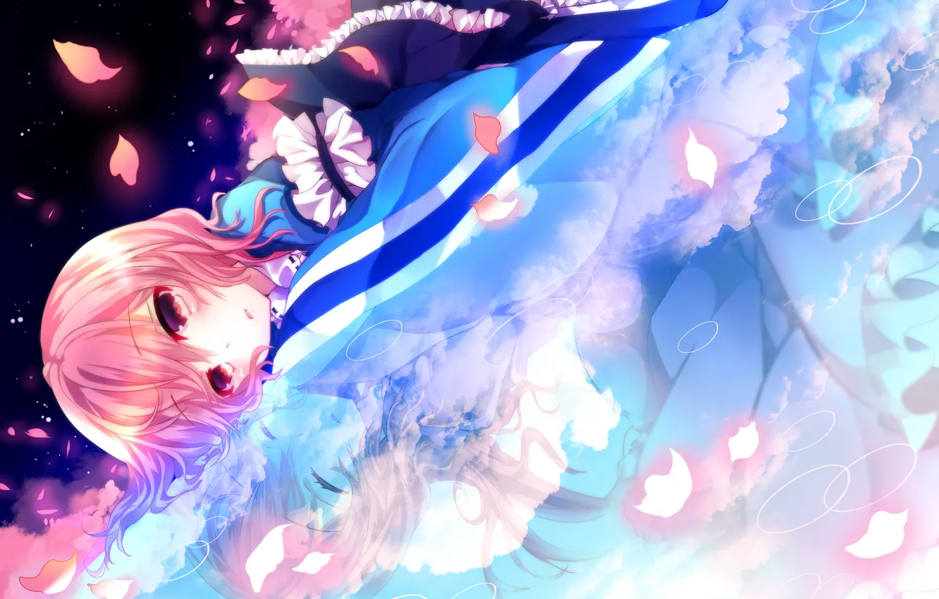 Photo wallpaper water, circles, reflection, petals, art, girl, touhou, lying