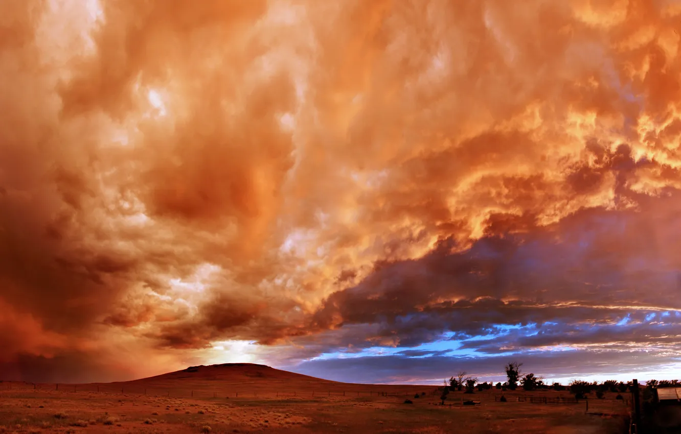 Photo wallpaper the sky, clouds, sunset, clouds, hill