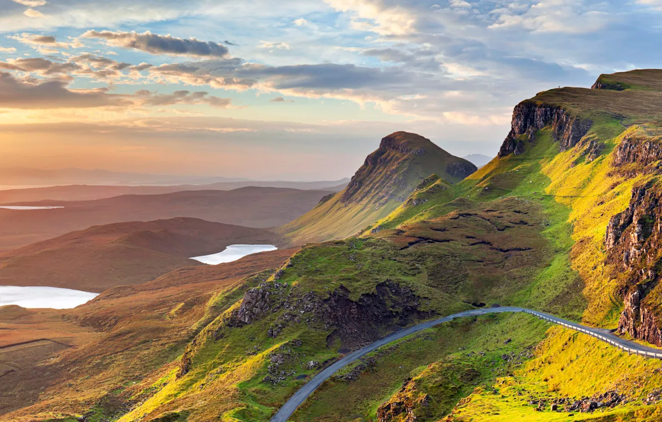 Photo wallpaper road, the sky, clouds, mountains, lake, panorama, UK