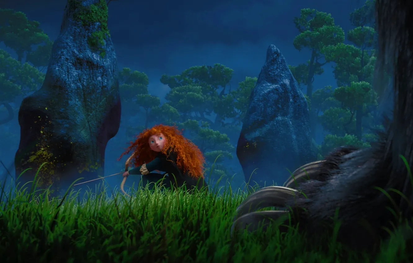 Photo wallpaper forest, trees, cartoon, the evening, Scotland, warrior, Archer, Disney