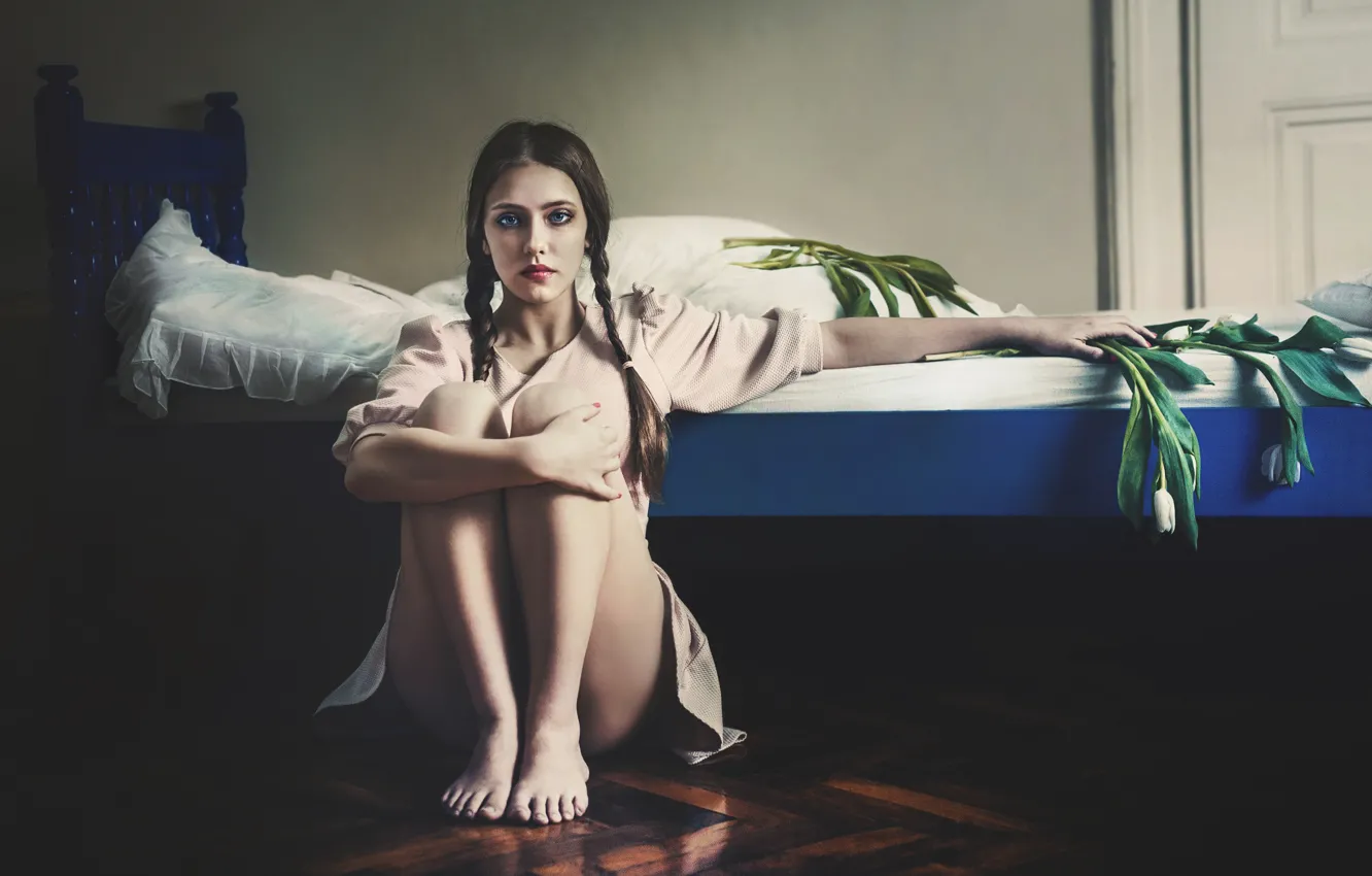Photo wallpaper girl, flowers, bed, braids, legs