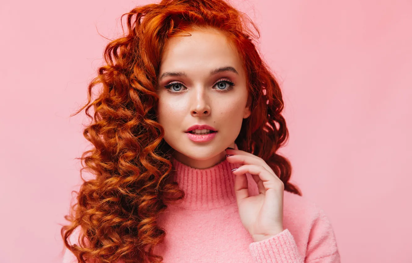 Photo wallpaper look, girl, face, portrait, hands, red, curls, pink background