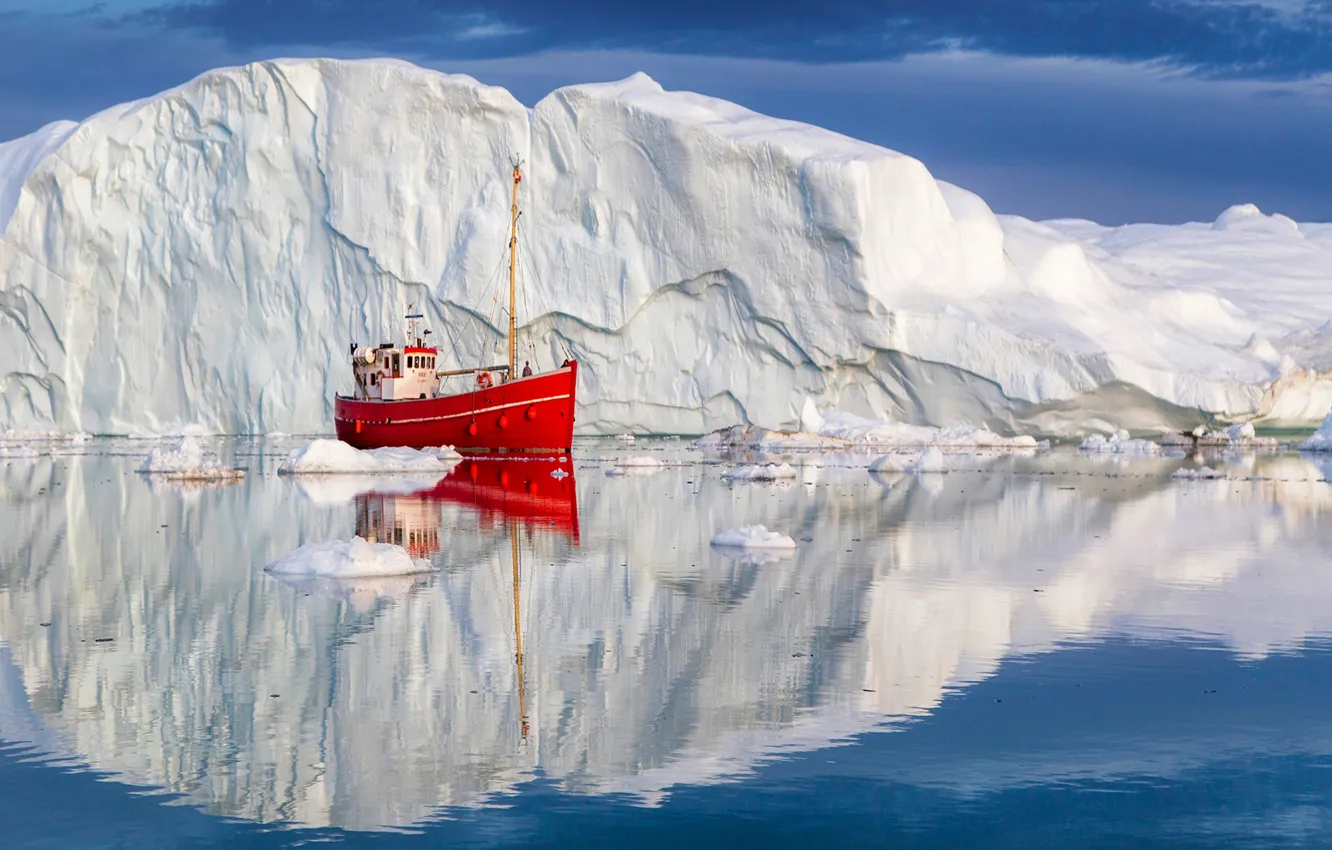 Photo wallpaper sea, reflection, Denmark, iceberg, boat, Greenland, Denmark, Greenland