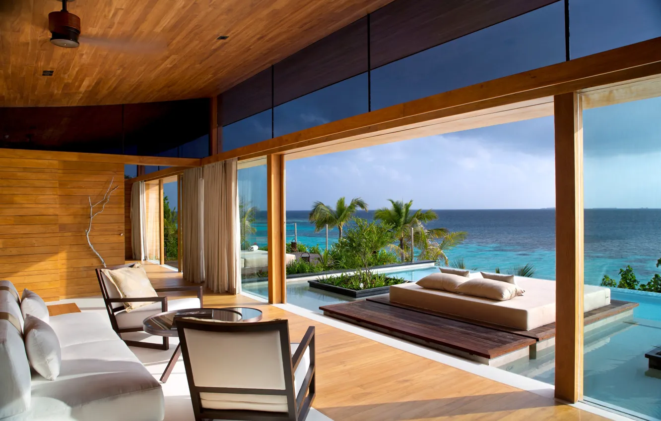 Photo wallpaper house, the ocean, furniture, interior, pool