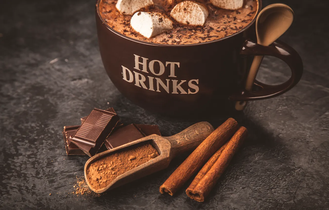Photo wallpaper coffee, food, chocolate, Cup, cinnamon, cappuccino, marshmallows