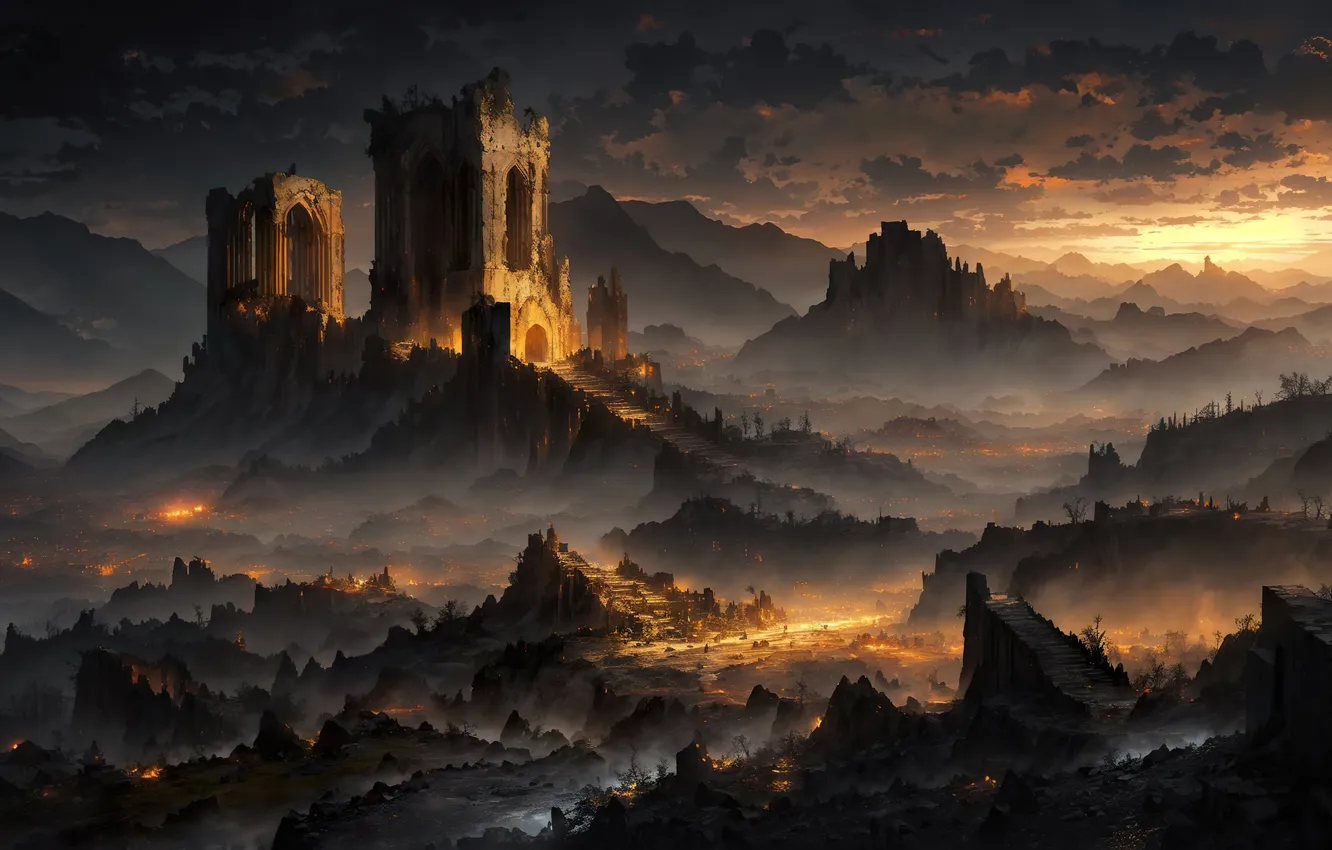 Photo wallpaper fire, twilight, landscape, sunset, art, painting, ruins, castle