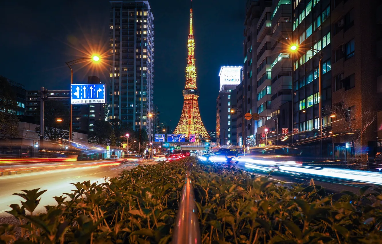 Photo wallpaper the city, lights, street, the building, tower
