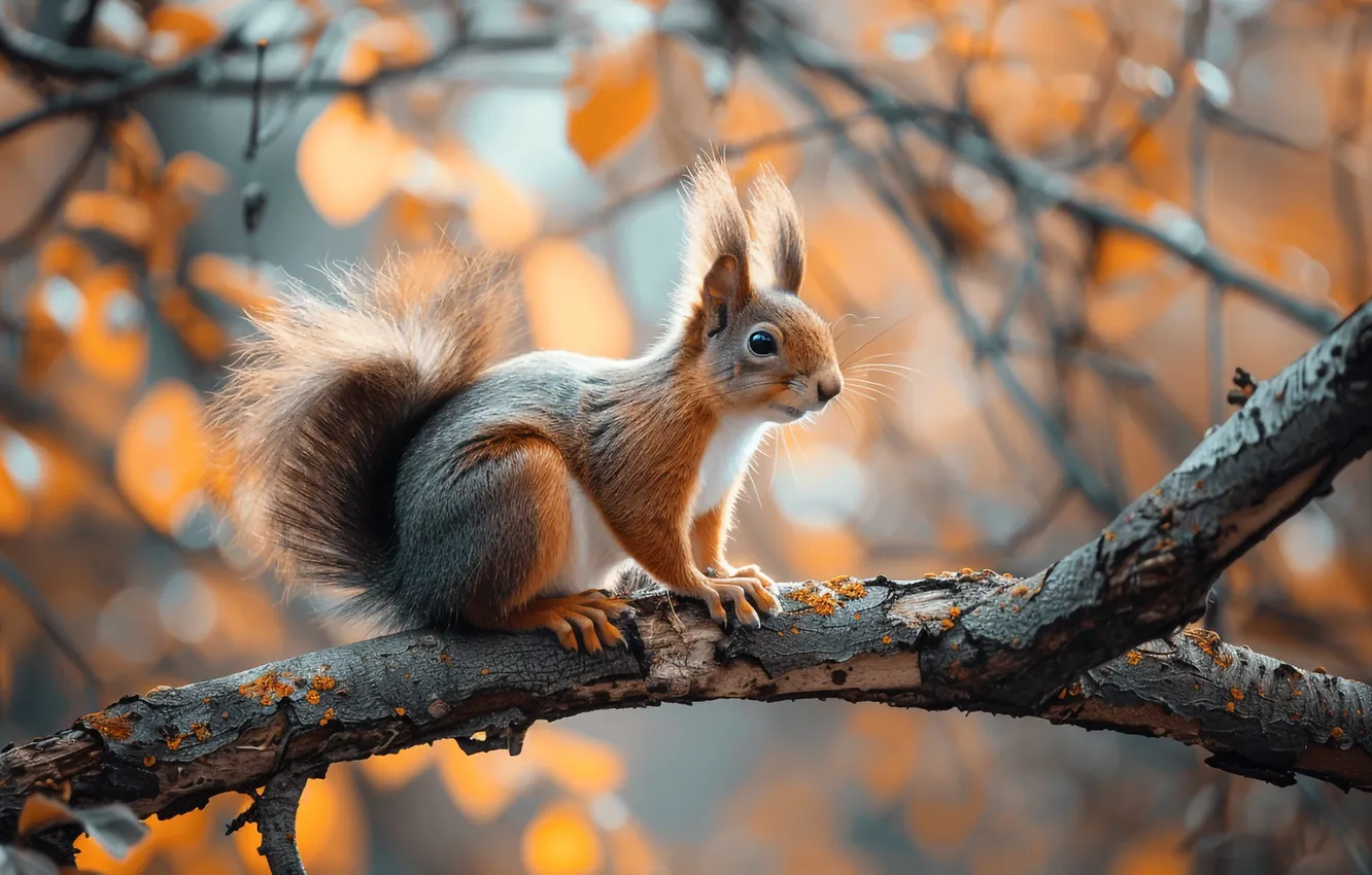 Photo wallpaper autumn, forest, trees, nature, foliage, protein, muzzle, sitting