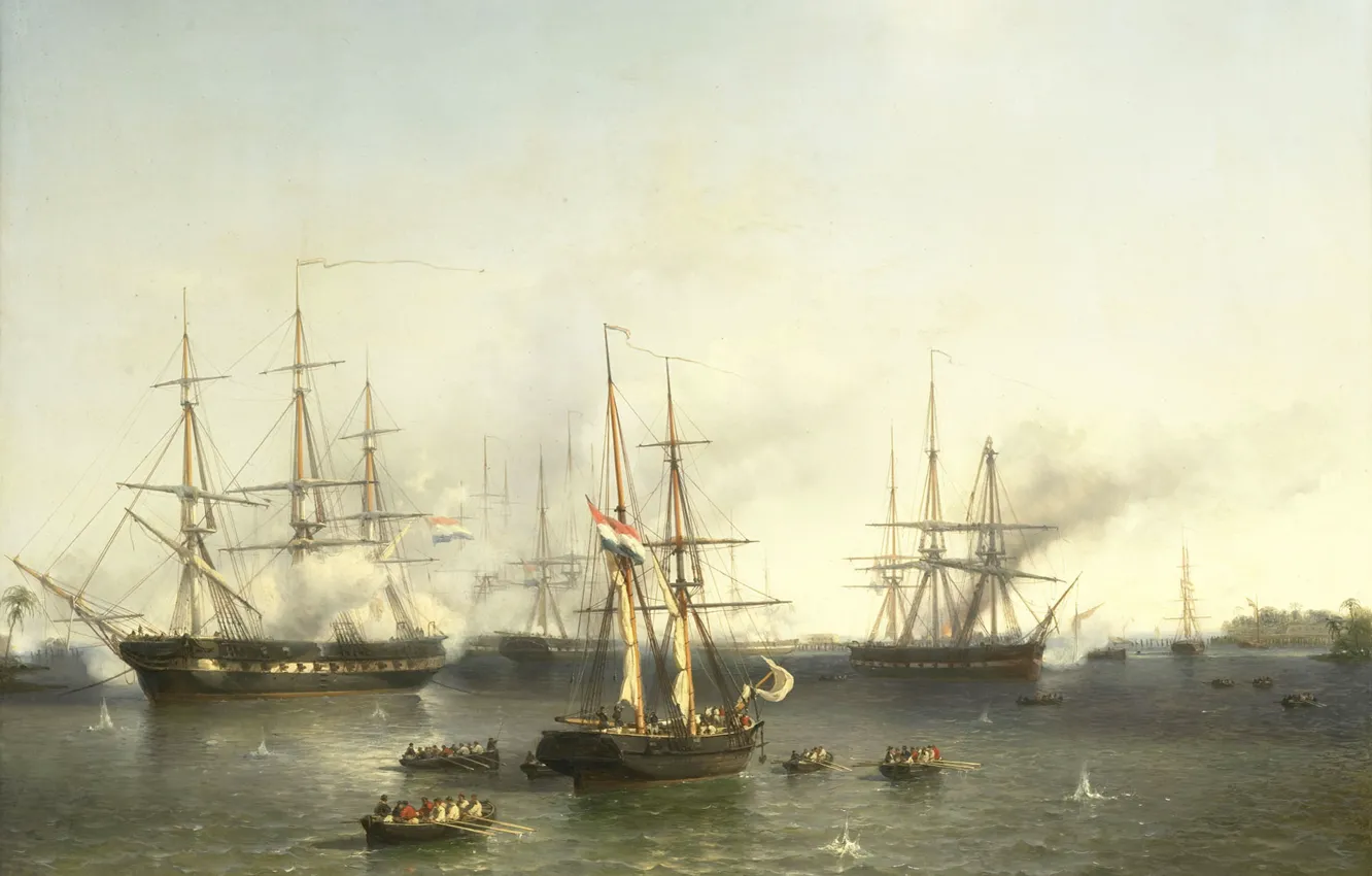 Photo wallpaper ship, oil, picture, battle, 1857, Johan Hendrik Louis Meijer, Louis Meijer, The Conquest Of Palembang …