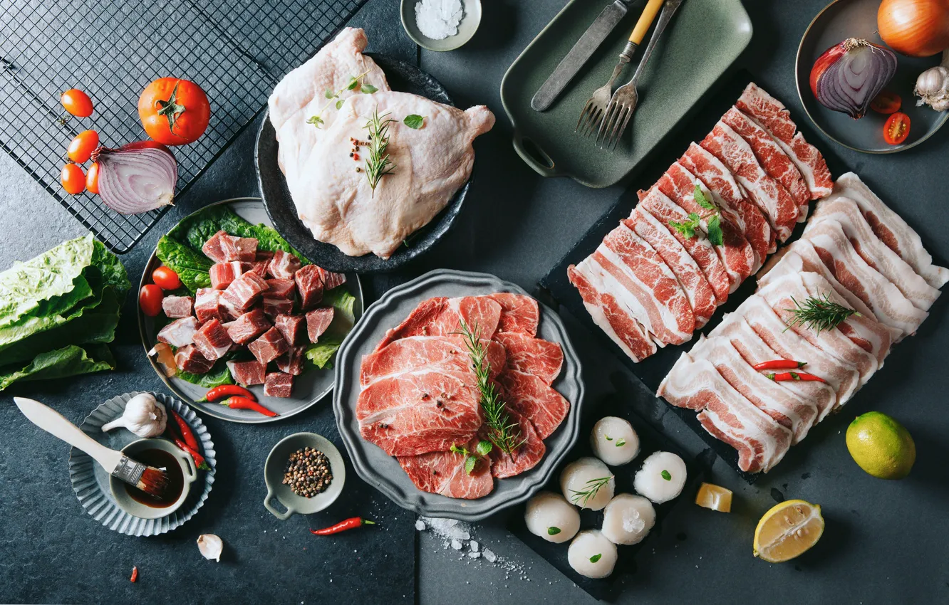 Photo wallpaper lemon, meat, tomatoes, bacon