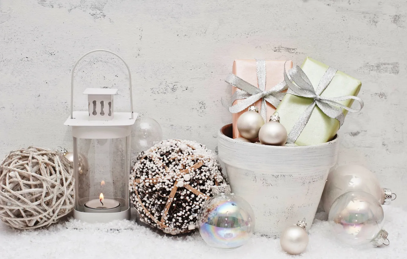 Photo wallpaper snow, decoration, balls, New Year, Christmas, gifts, Christmas, balls