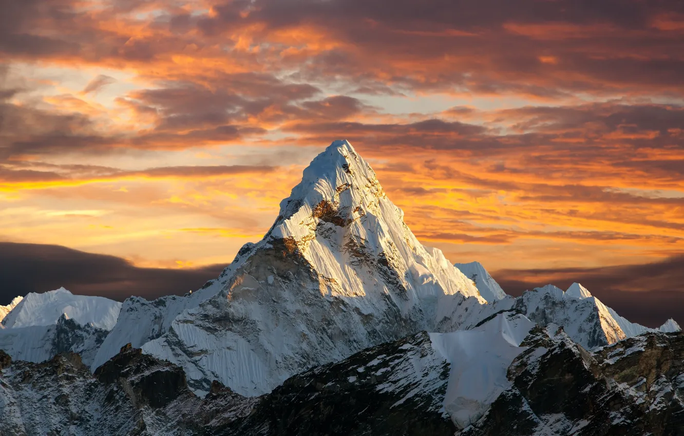 Photo wallpaper sunset, peak, majestic, Matterhorn, The lonely mountain, snow - covered peak