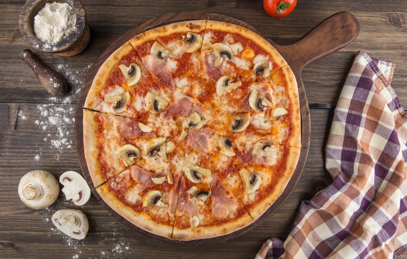 Photo wallpaper mushrooms, food, pizza, tomatoes, filling, cuts