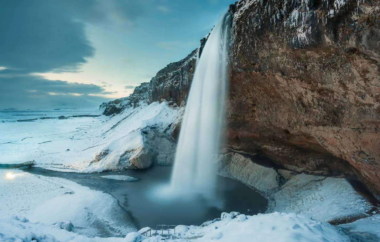 Photo wallpaper winter, snow, nature, rock, waterfall, Iceland