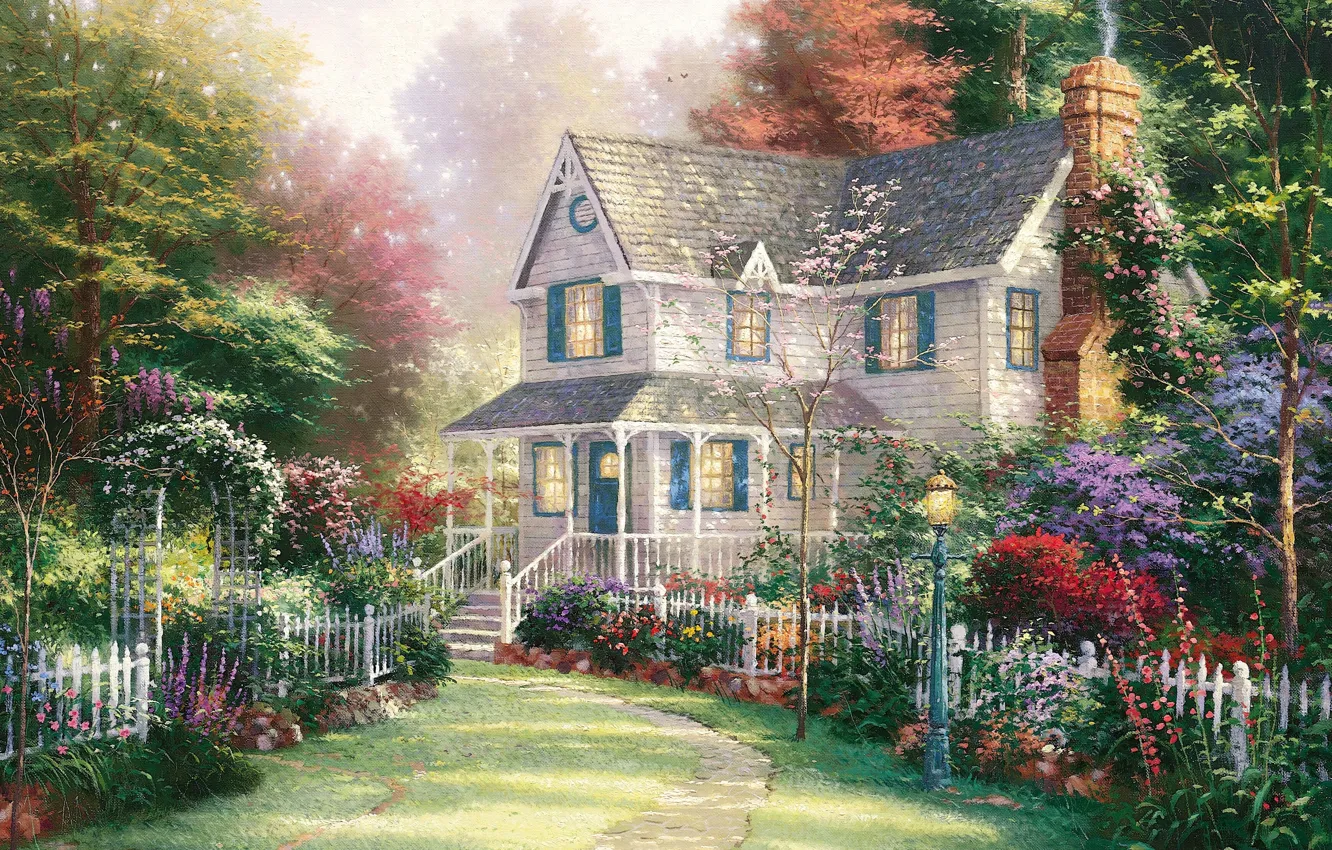 Photo wallpaper summer, house, garden, summer, house, painting, cottage, garden