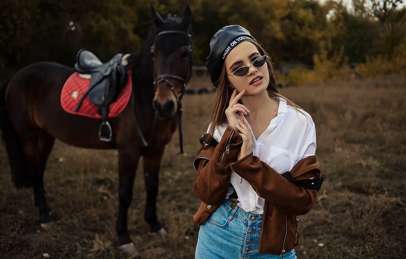 Photo wallpaper girl, pose, style, horse, horse, glasses, jacket, Alina Bozhko