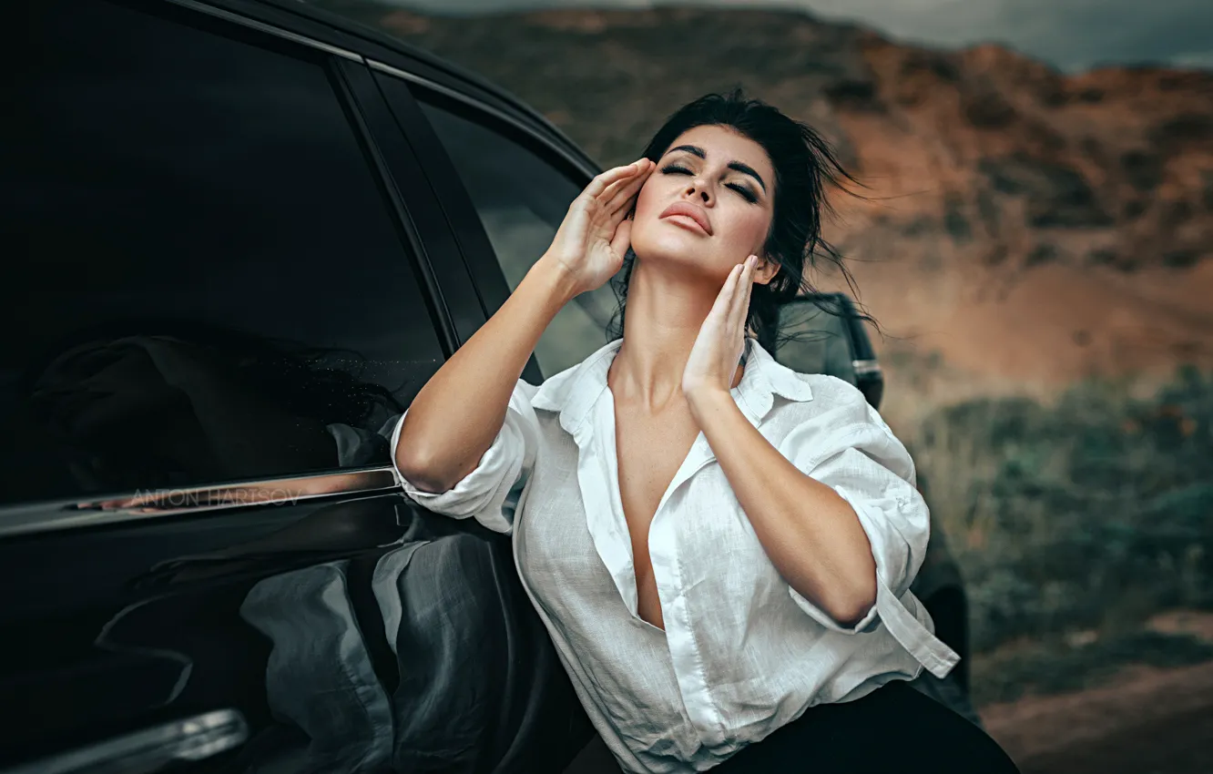 Photo wallpaper machine, auto, girl, pose, hands, brunette, closed eyes, Anton Kharisov