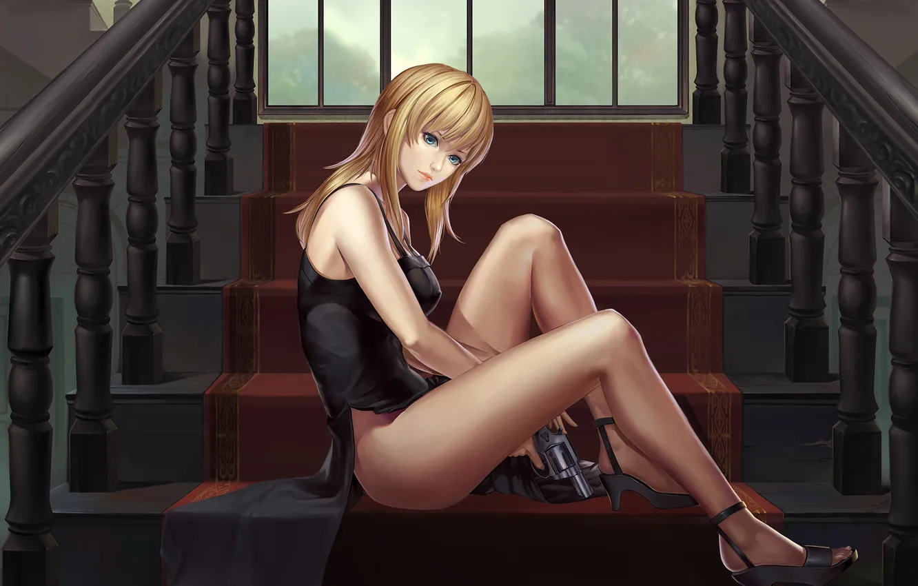 Photo wallpaper girl, weapons, home, art, ladder, steps, Parasite Eve, Aya Brea