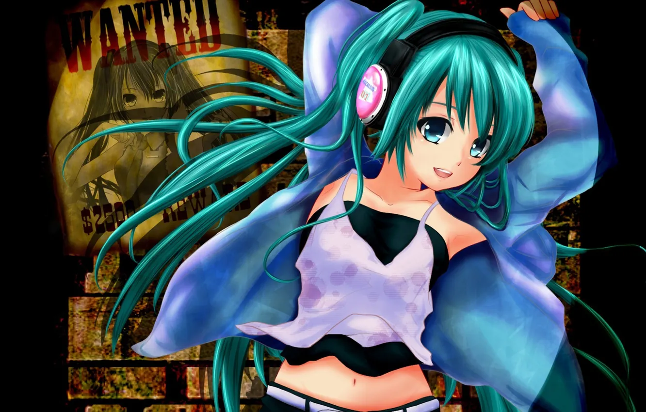 Photo wallpaper girl, light, wall, headphones, art, hatsune miku, Vocaloid, leaflet