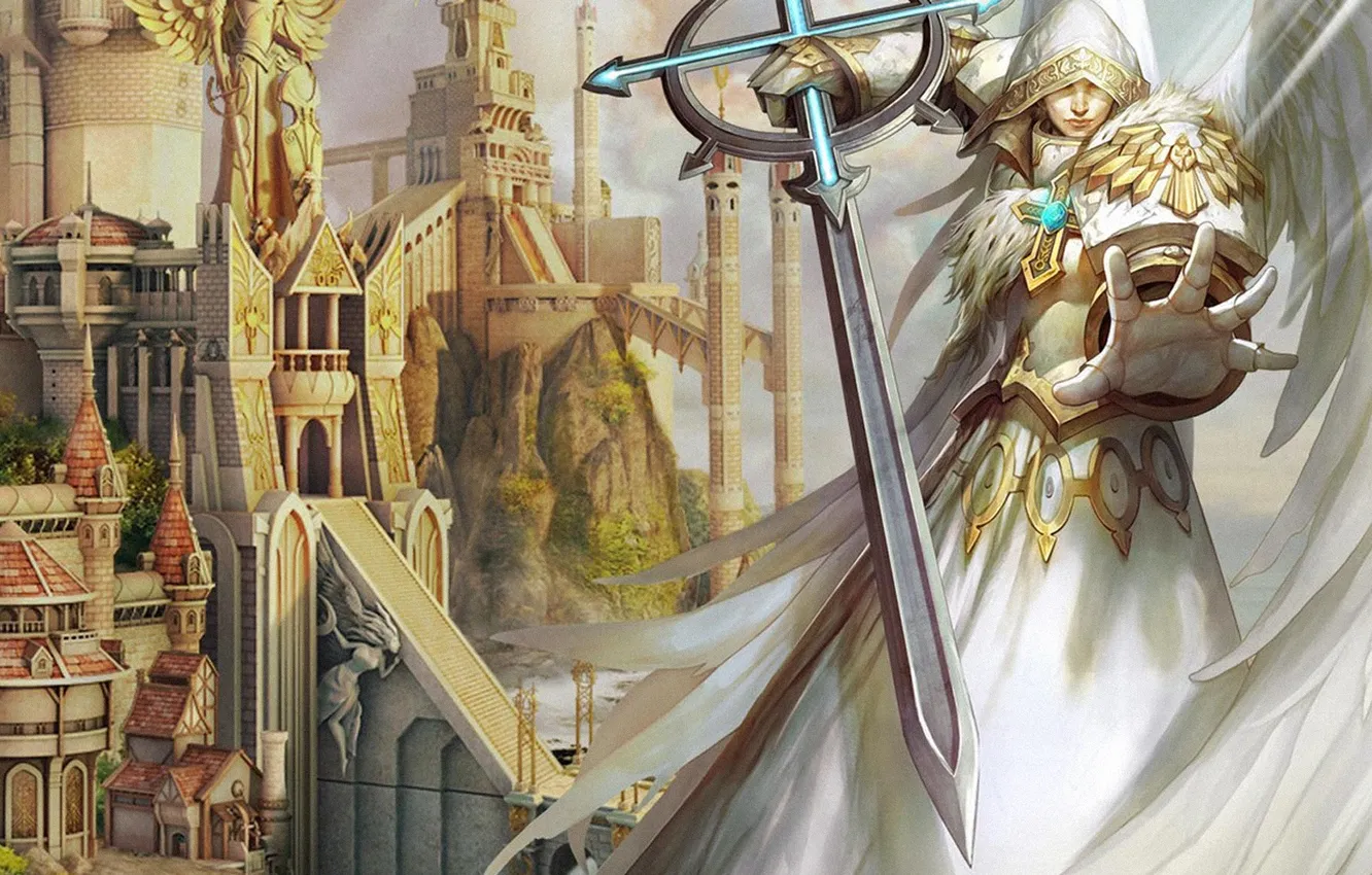 Photo wallpaper the city, the game, wings, angel, sword, Heroes 5, Heroes 5