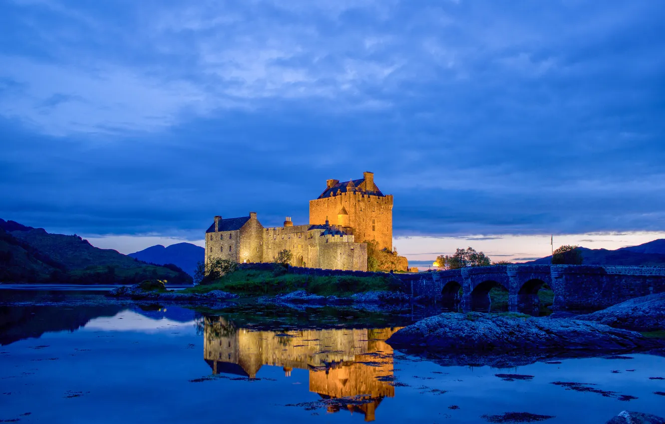 Photo wallpaper the sky, clouds, night, bridge, lights, river, castle