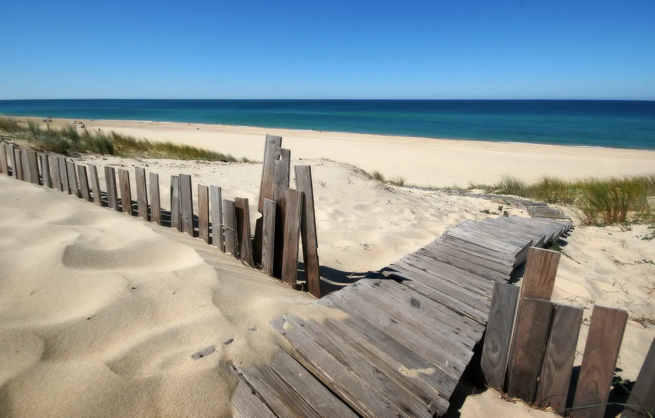 Photo wallpaper sand, beach, the ocean, shore, the fence, horizon, steps