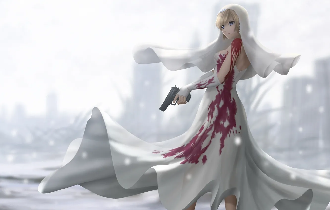 Photo wallpaper girl, snow, gun, blood, dress, parasite eve, Aya Brea, wedding